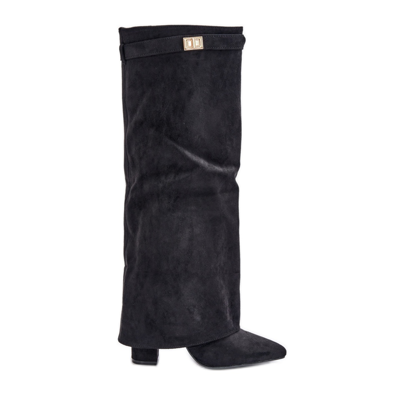 Damen-Stiefel aus Öko-Wildleder mit umgeschlagenem oberen Absatz, schwarze Bralise
