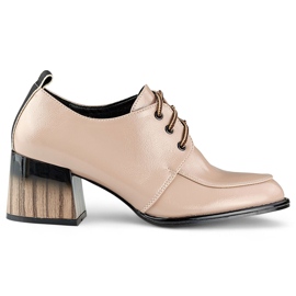 Lackierte beige Stiefeletten mit rotem Absatz, elegante Damenschuhe