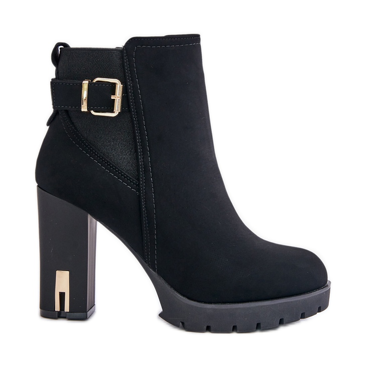 Damenstiefel mit goldener Schnalle auf hohem Absatz, isolierte schwarze Erilanes