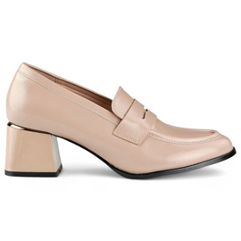 Beige Lackschuhe mit niedrigem, bequemem Absatz, elegante beige Pumps