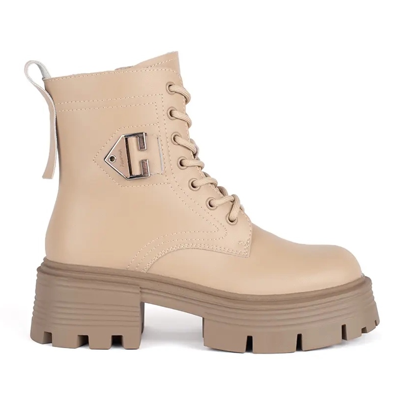 Beige Lederstiefeletten mit dicker Sohle