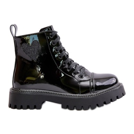 Damen-Stiefeletten aus Lackleder mit Reißverschluss und dekorativem Herz, schwarzes Obeena