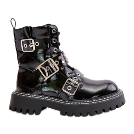 Lack-Arbeiterstiefel mit Schnallen, schwarze Serizia