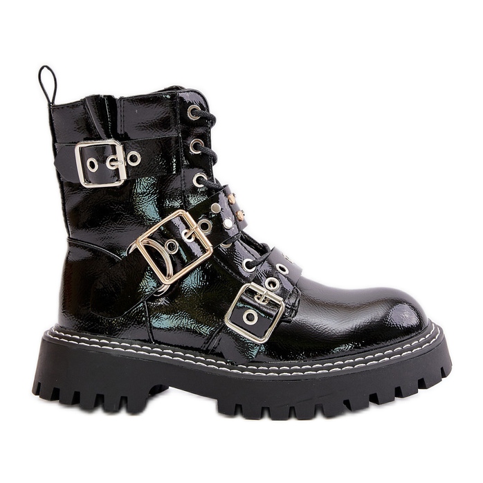 Lack-Arbeiterstiefel mit Schnallen, schwarze Serizia