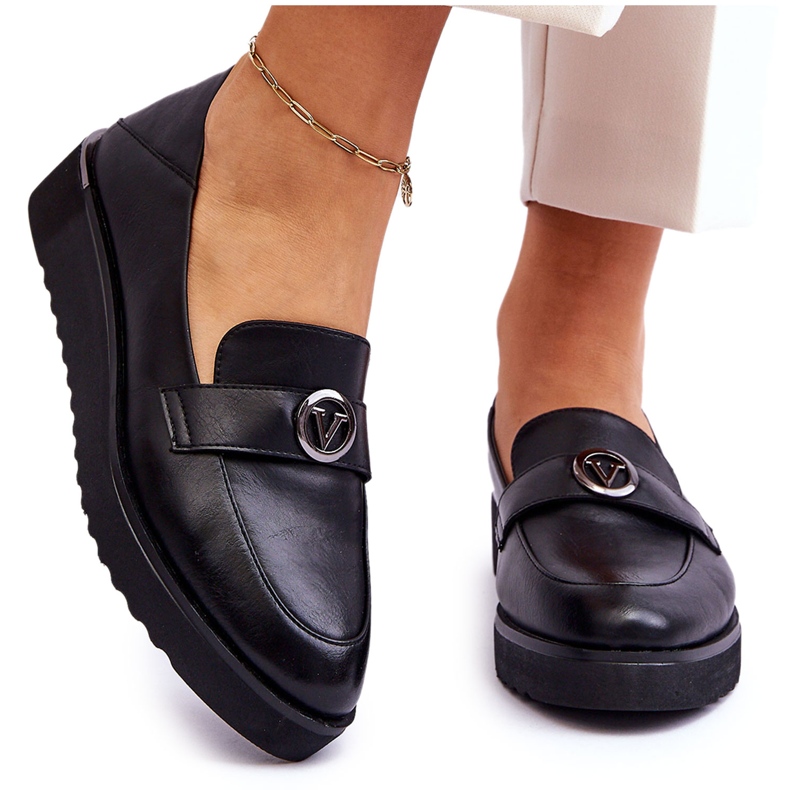 Damen-Mokassins aus Vinceza-Leder mit niedrigem Keilabsatz, Schwarz