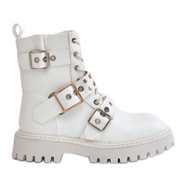 Arbeiterstiefel aus Öko-Leder mit Schnallen, weiße Serizia