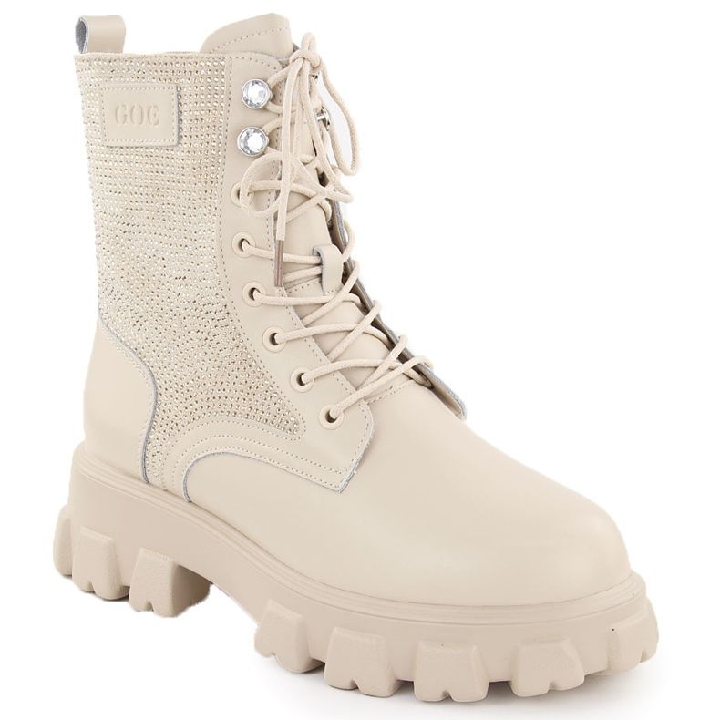 Damen-Lederstiefeletten mit Strasssteinen, beige Goe OO2N4108
