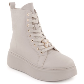 Beigefarbene Lederstiefeletten auf Plateausohle mit Teddybär Vinceza 66701