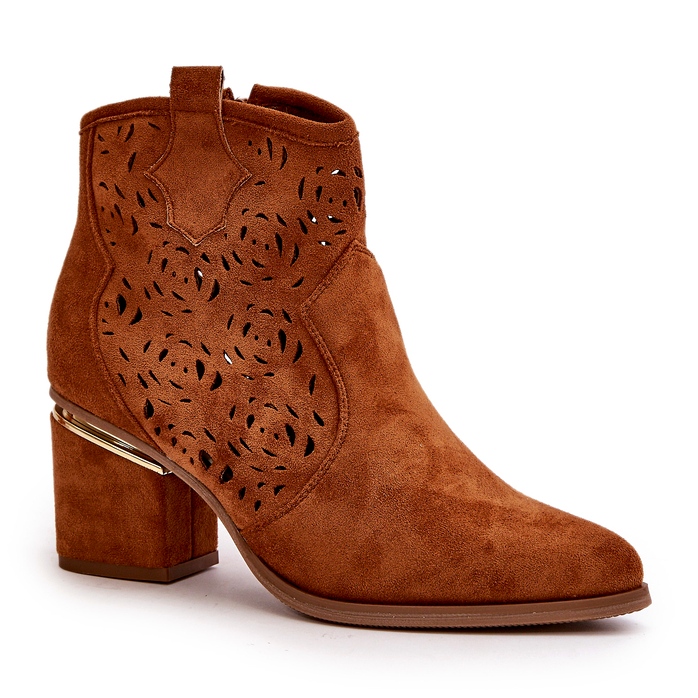 Durchbrochene Cowboystiefel mit hohem Absatz und Reißverschluss in Camel Vosilara braun