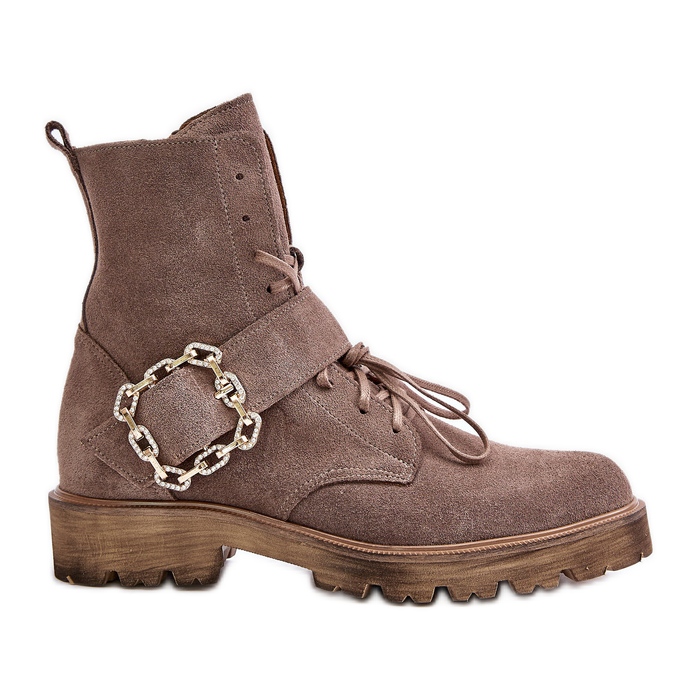 Zazoo 2951 Wildleder-Stiefeletten mit dekorativer Schnalle, Dunkelbeige