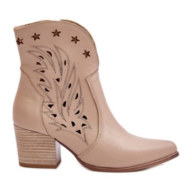 Durchbrochene Leder-Cowboystiefel mit hohem Absatz Lewski 3613 Beige