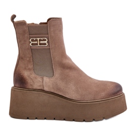 Zazoo 60498 Damen-Stiefeletten aus Wildleder, Chelsea-Stiefel mit Plateau und Keilabsatz, Beige