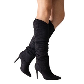 Aine schwarze High-Heel-Stiefel mit Rüschen