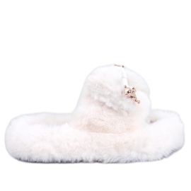 Pelzhausschuhe in Burano-Beige mit Schleife und Teddybär