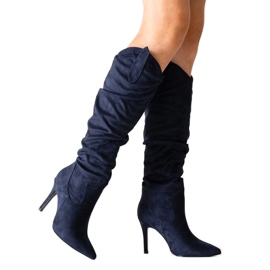 Marineblaue Stiletto-Stiefel von Aine mit Rüschen