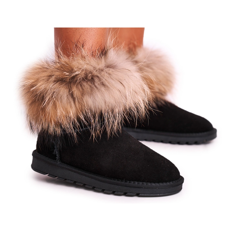 Damen Mukluki Leder Schneestiefel mit Fell Schneefuchs Schwarz