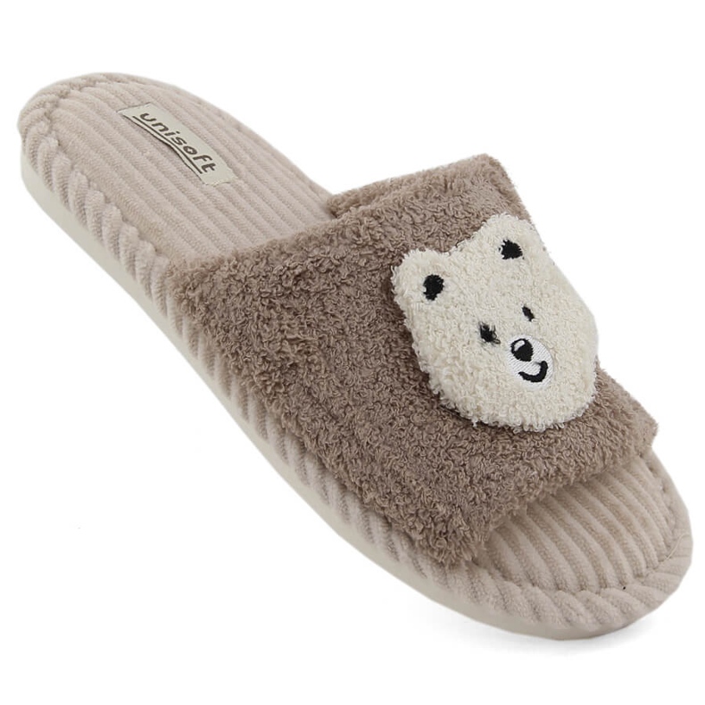 Damenhausschuhe mit Teddybär, beige Unisoft 6646