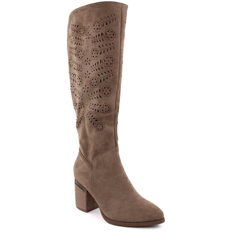 Beige durchbrochene Damenstiefel mit hohen Absätzen Vinceza 16482