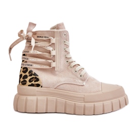 Damen Plateaustiefel mit Zierschnürung, Leopard Hellbeige Edidda