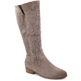 Isolierte durchbrochene Damenstiefel aus Wildleder, Khaki, Potocki 12522 beige