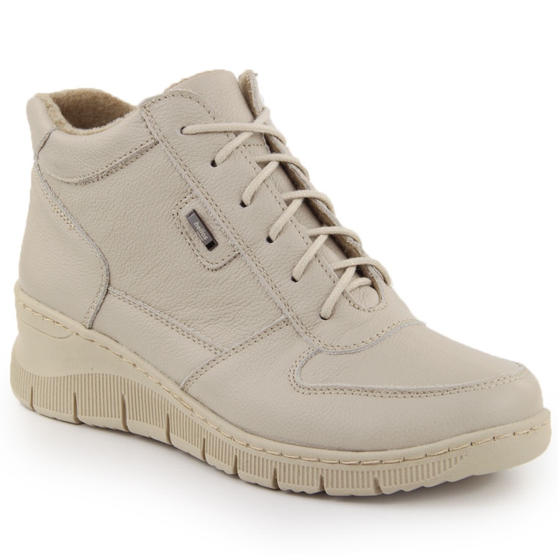 Bequeme Damen-Lederstiefeletten mit Keilabsatz Ekri Helios 543 beige