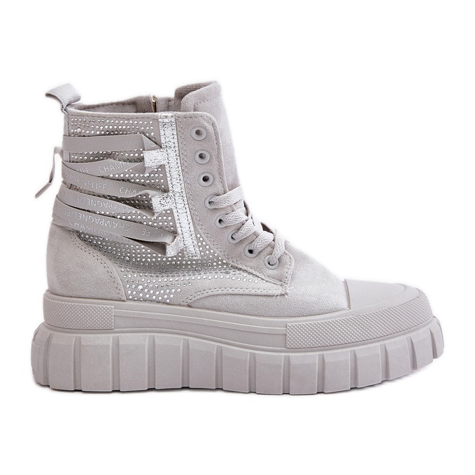 Hohe Damen-Sneaker auf massivem Plateau mit Verzierung, graues Zaidria