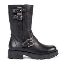 Sergio Leone Schwarze Damen-Lederstiefeletten auf der Plattform, verziert mit Sergio-Leone-Streifen