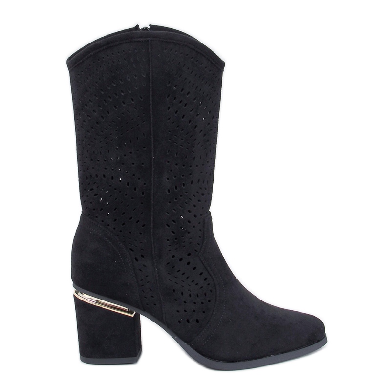 Schwarze durchbrochene Stiefel mit hohen Absätzen