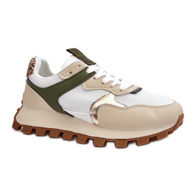 Damen-Sportschuhe auf der beige/grünen Plattform