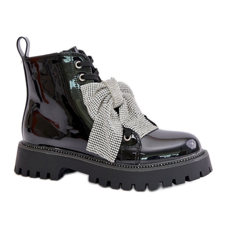 Damen-Lackstiefelette mit schwarzer Schleife