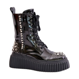 S.Barski Plateaustiefel aus Lackleder mit schwarzer Verzierung