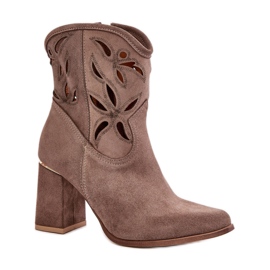 Lewski Dunkelbeige Damenstiefeletten mit hohem Absatz und durchbrochenem Obermaterial