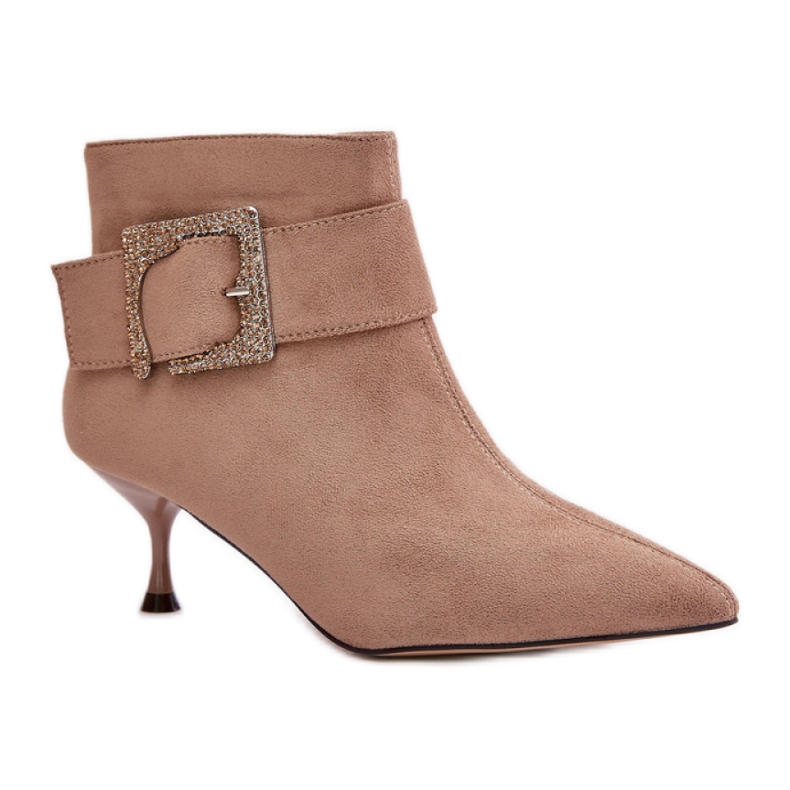 Damen-Stiefeletten mit hohem Absatz und dekorativer beigefarbener Schnalle