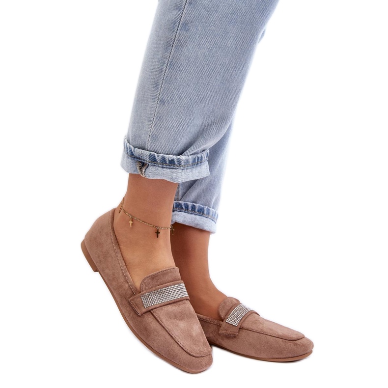 Damenmokassins mit Strasssteinen Braun