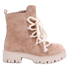 Smiless Khakifarbene Schnürstiefeletten mit dicken Schnürsenkeln beige