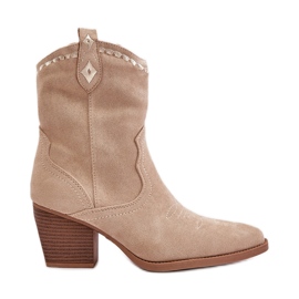 Cowboystiefel mit hohem Absatz aus Öko-Wildleder, hellbeige Narinae