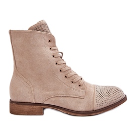 Verzierte Stiefel mit flachem Absatz, Öko-Wildleder, warm, hellbeige Ellieo