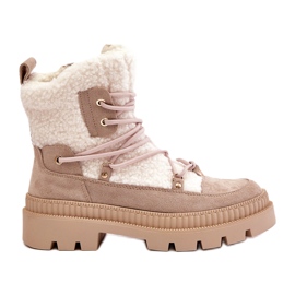 Beigefarbene Merilana-Schaffellstiefel mit Fell