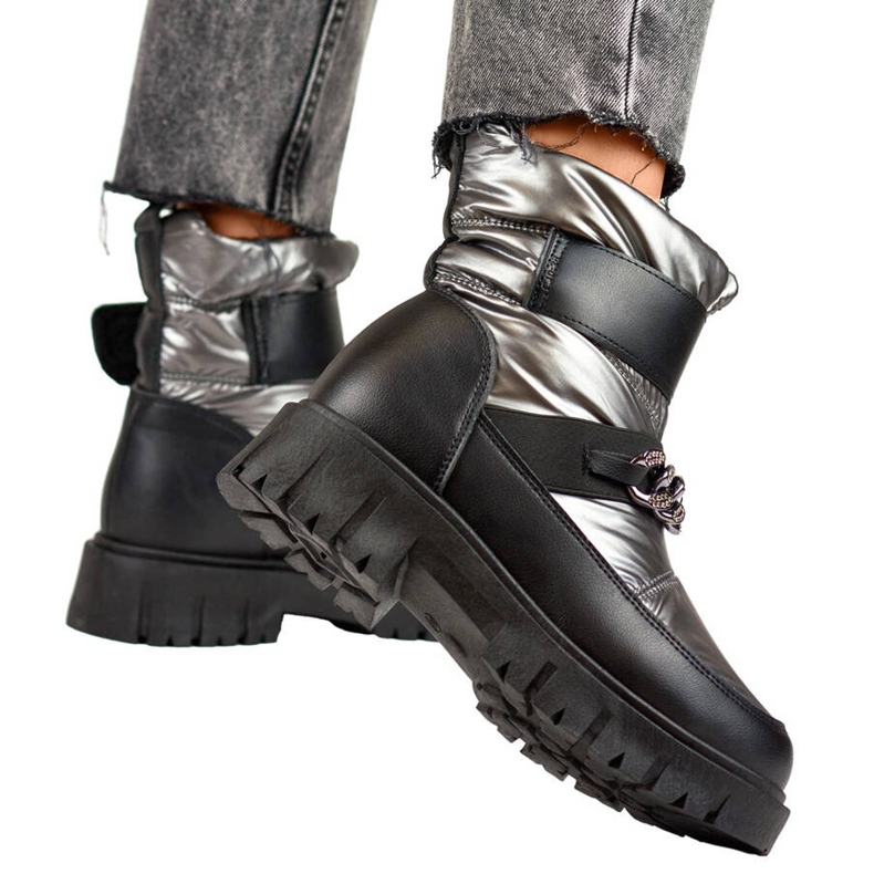 Damen-Schneestiefel mit Kette und Klettverschluss, Metallic-Silber JH-5SI silber-