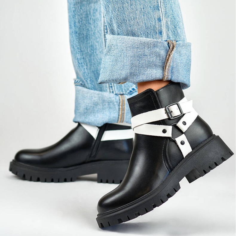 Isolierte Damen-Arbeiterstiefel mit Riemen, schwarz 250043BW-PU weiß