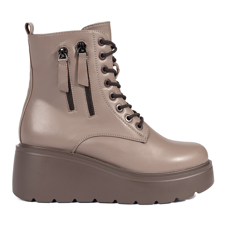 Goodin Dunkelbeige Damen-Schnürstiefel mit Keilabsatz und dekorativen Reißverschlüssen
