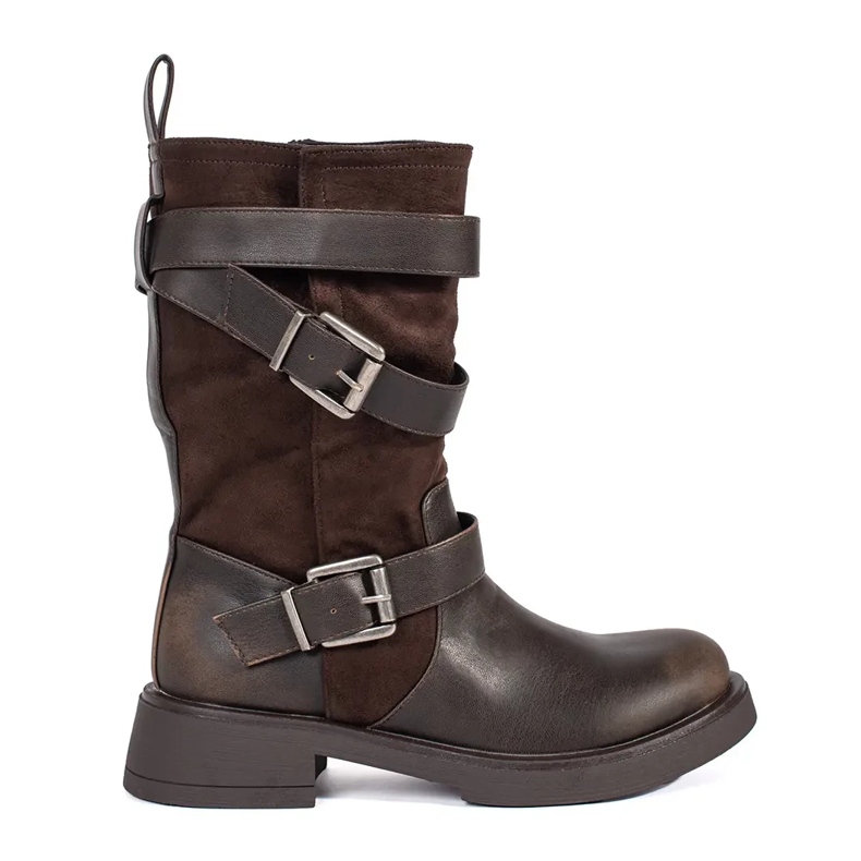 Braune Damenstiefeletten mit niedrigem Absatz und Schnallen