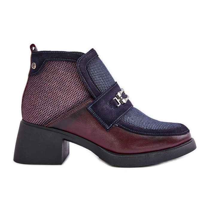 Leder-Damenstiefel auf massiven Absätzen mit Dekoration Maciejka 06747-23 Burgund-Marineblau rot