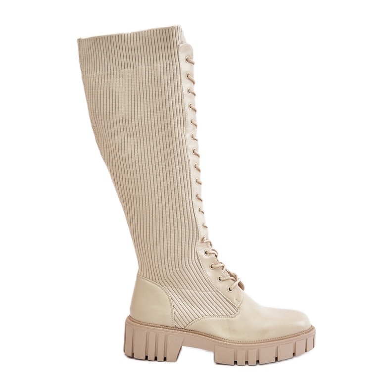 Damen-Sockenstiefel mit Schnürung und flachem Absatz, Beige Vamisha