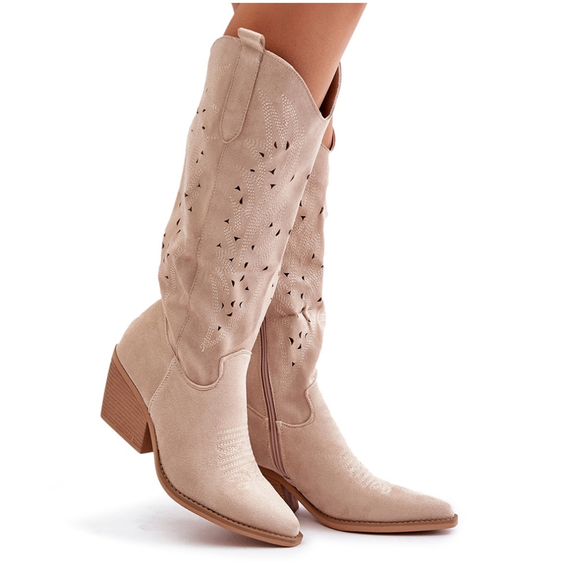 Overknee-Cowboystiefel mit durchbrochenem Muster, hellbeige Innathoria