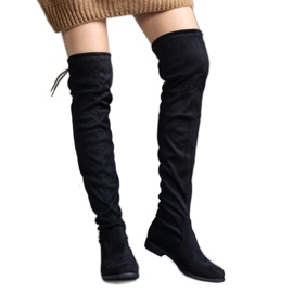 Schwarze lange Plateaustiefel aus Hallora-Öko-Wildleder