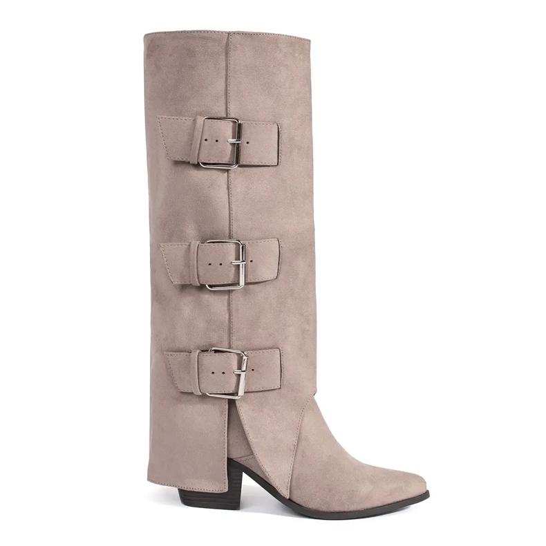 Seastar Beige Wildleder-Damenstiefel mit hohen Absätzen und Schnallen