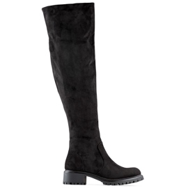 Schwarze Overknee-Damenstiefel aus Wildleder mit flacher Sohle