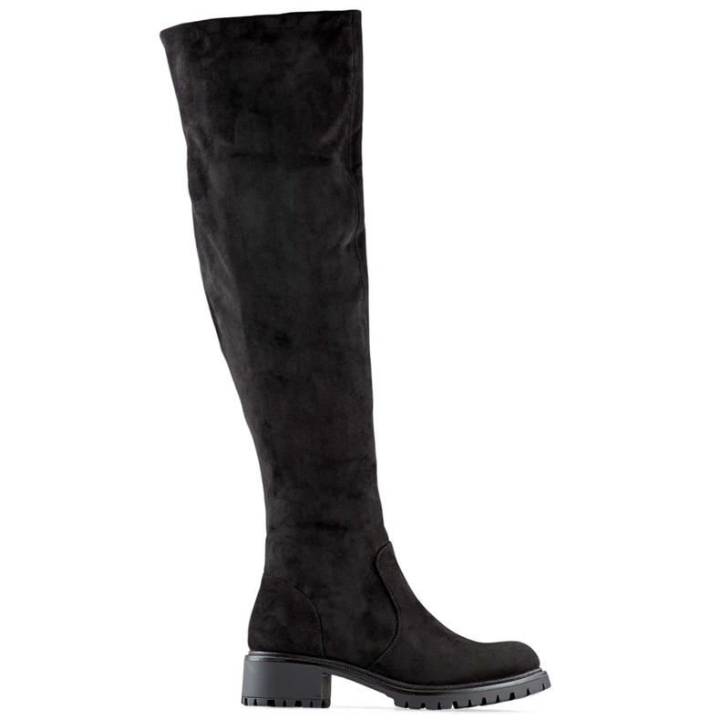 Schwarze Overknee-Damenstiefel aus Wildleder mit flacher Sohle