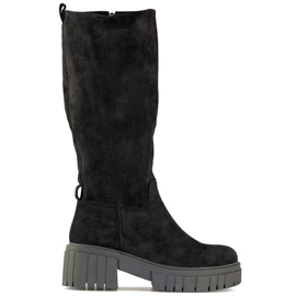 Schwarze klassische Damenstiefel mit dicker Sohle, Overknee-Stiefel aus Wildleder